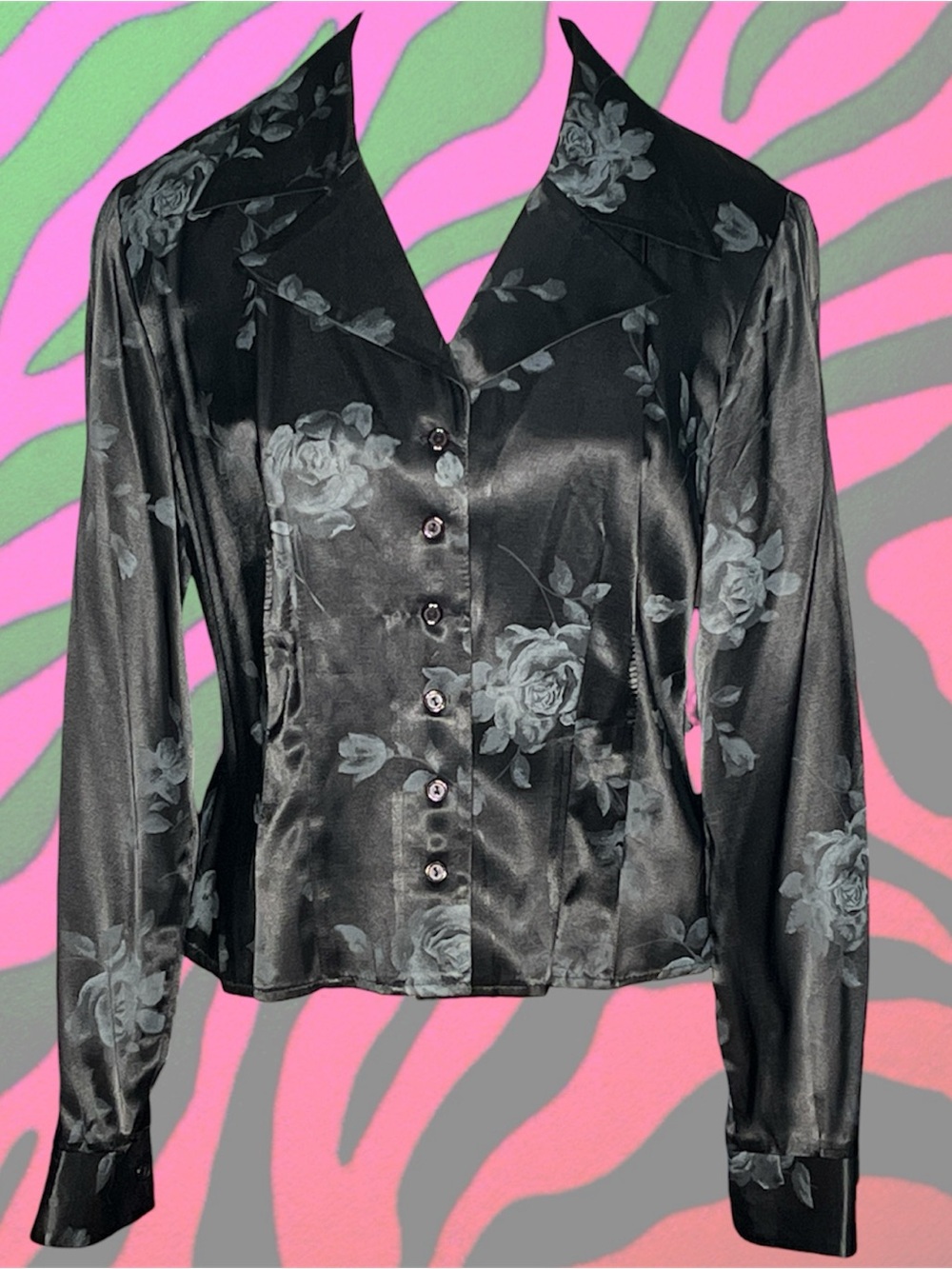 dark romance black satin floral button front blouse